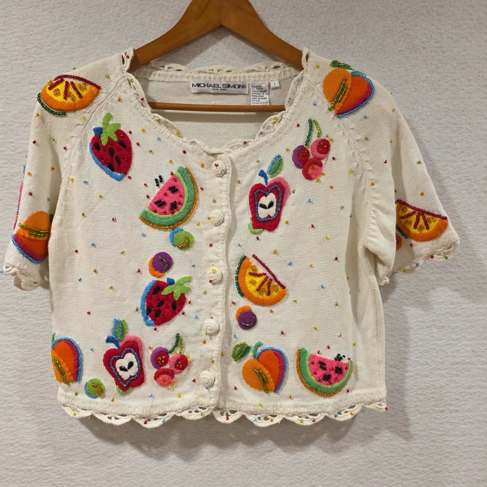 Vtg Michael Simon Cardigan Ivory Fruit  Beaded SSleeve Cardigan Sweater 1 Medium